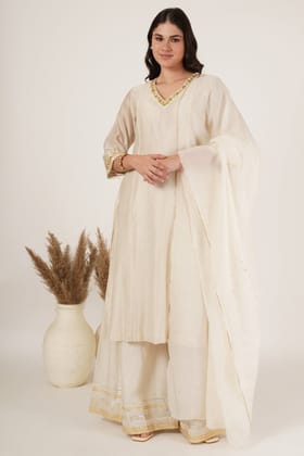 White chanderi kurta,sharara Set of 3-S
