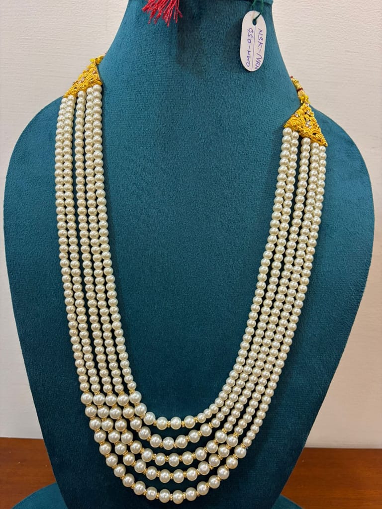 five layer white pearl mala with gold top design for groom and party wear