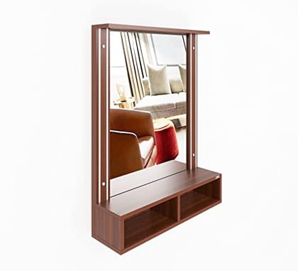 DAS Bárbara Engineered Wood Wall Mount Dressing Table Vanity Mirror With Storage Shelves - Classic Walnut, Rectangular, Framed