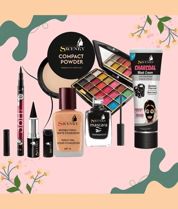 swenky eyeshadow with eyeliner mascara kajal compact foundation & charcoal face mask (Pack of 7)