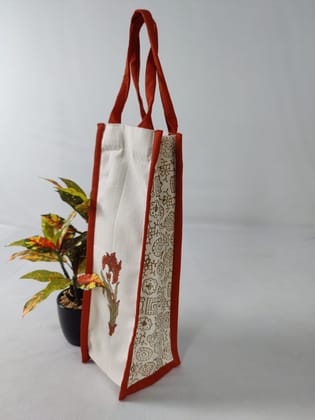 Handcrafted Block Printed Cotton Bottle Bag | Reusable | Rust