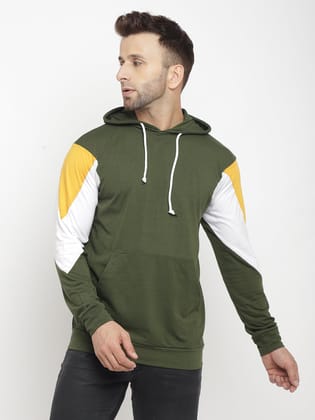 Hooded Full Sleeve Olive Color Block Kangaroo Pocket T-Shirt - M