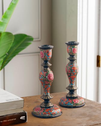 Hand Painted Papier Mache Candle Stands Black, Orange, Blue, Pink - 9.5 x 4-Black, Orange, Blue, Pink / Papier Mache / 9.5 Inches x 4 x 2.25 Inches