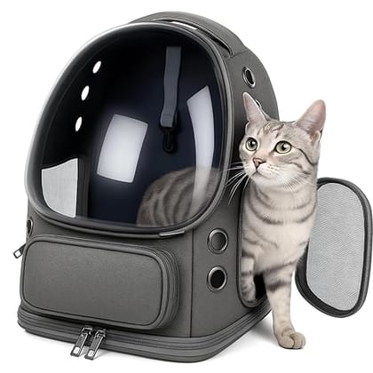 Transparent Cat Carrier Backpack – Bubble Window, Spacious & Ventilated Design (Grey)