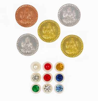 Navarathna Panchaloha Pooja Kit (Set of 3) � Panchalogam Lakshmi Coins and Navaratna Gemstones for Positive Energy and Ritual Balance � Traditional Vaasthu and Bhoomi Pooja Set