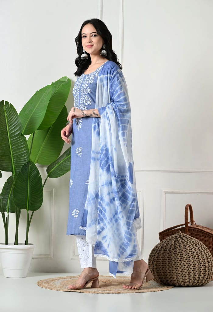 "Hand Embroidered Chikankari & Cut Dana Work Denim Cotton Kurta Set with Tie-Dye Dupatta "