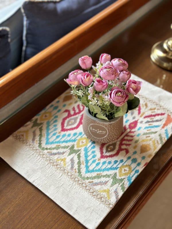 KRI India Pataka Ikkat Festive Table Placemats Set|Set of 2|12x17.5 inches placemat | Off White with multicoloured embroidery | Wash & Care | 100% Cotton | Handcrafted in India. 100% organic & natural.