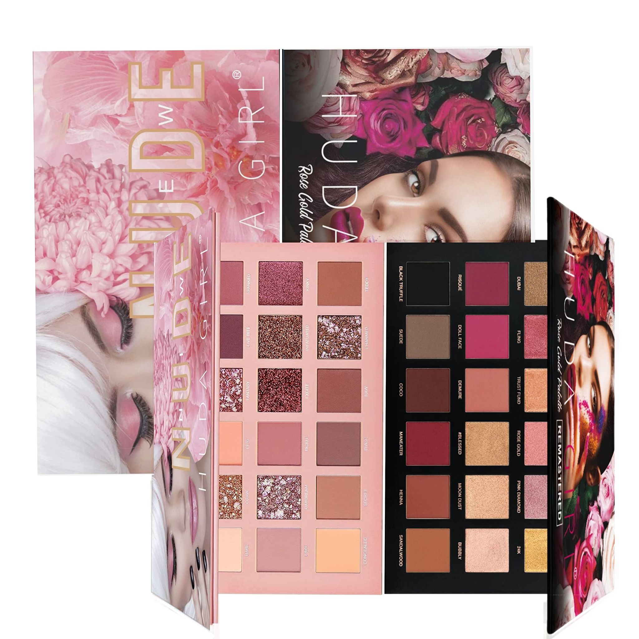 HUDA GIRL Beauty Rose Gold Remastered Edition + Nude Edition Eyeshadow Makeup Kit (Combo Kit of 2 Eyeshadow) Matte And Shimmers Finish,36 gm HUDA GIRL Beauty Rose Gold Remastered Edition + Nude Edition Eyeshadow Makeup Kit (Combo Kit of 2 Eyeshadow) Matt