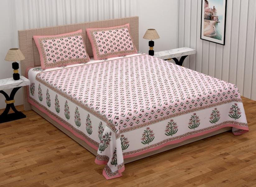 3001-Hometrade India-Standard King Size (90*108 Inches)-Buy Pure Cotton Jaipuri Printed Flat King Size Double Bedsheet With 2 Matching Pillow Cover