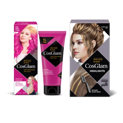 COSGLAM Semi Permanent Hair Color Hot Pink 120g and Hair Highlighter Kit 115g, Highlights Hair Dye