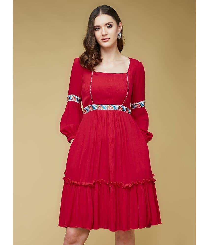 Life with Pockets Women Rayon Printed Fit & Flare Dress ( Red )