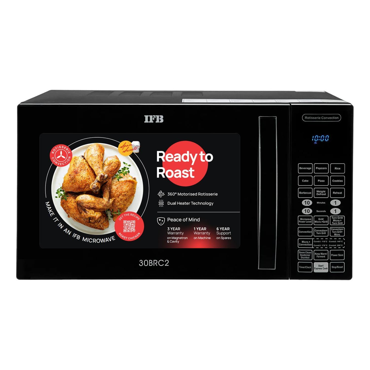 IFB 30L Convection Microwave Oven with 101 Standard Cook Menus (30BRC2, Black, 360 Degree Motorized Rotisserie, Weight Defrost, Steam Clean, Grill & 4 combi cook modes, 10 Power Levels) IFB 30L Convection Microwave Oven with 101 Standard Cook Menus (30BR