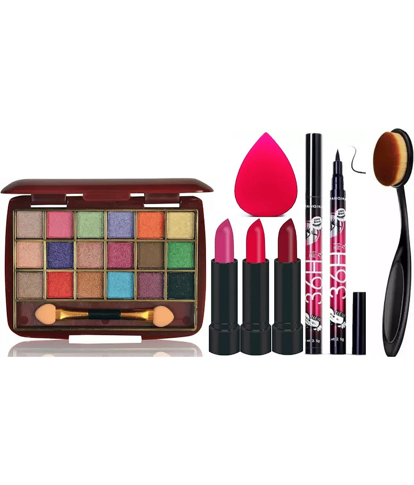 swenky eyeshadow with waterproof eyeliner lipstick beauty blender puff & oval brush (Pack of 8)