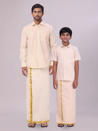 Father & Son Gold Colour Tissue Shirt with Jari Dhoti Combo-36 / 1-2 Yrs / F/S