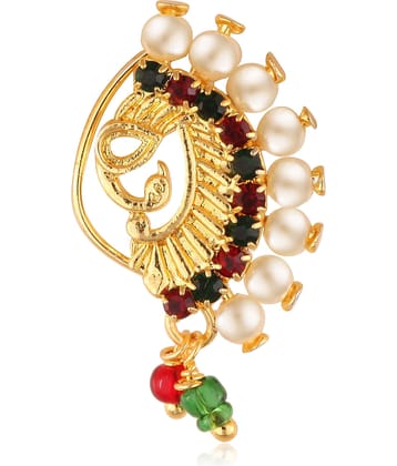 Vighnaharta Gold Plated with Peals Alloy and CZ stone Non Piercing Maharashtrian Nath Nathiya./ Nose Pin for women  [VFJ1081NTH-Press-Multi ]