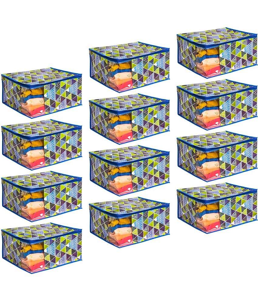 Saree Cover Large with Creative Prints, Saree Storage Bag with Zip, Wardrobe Organiser Clothes Cover & Storage,  Trio Blue, Set of 12 pcs