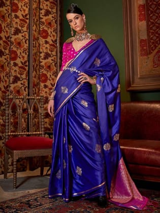 Prussian Blue Handloom Woven Banarasi Satin Silk Blend Saree