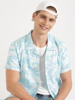 Blue & White Printed Short Sleeved Resort Shirt-40
