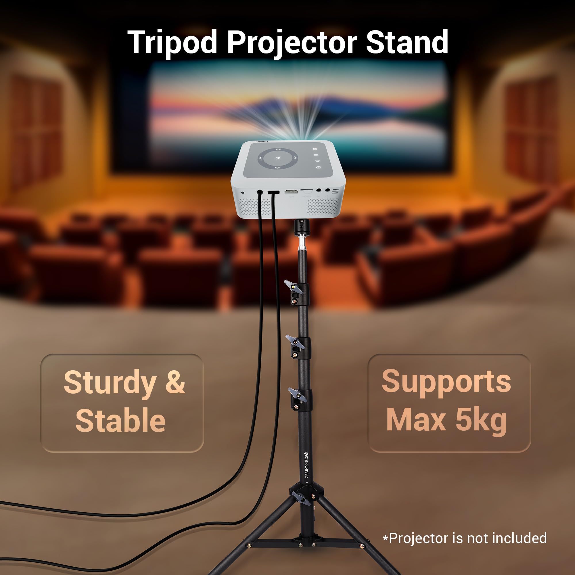 ZEBRONICS PSH01, Projector Tripod Stand, 360° Rotatable, Foldable and Portable Design, Metal Body, 4 Level Height Adjustment, Supports Upto 5kg, Easy to Setup, with 6.35 mm Mounting Screw ZEBRONICS PSH01, Projector Tripod Stand, 360° Rotatable, Foldable