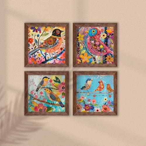 Wall Art Painting for living room, birds floral Framed painting, set of 4, 9x9 Inch 2