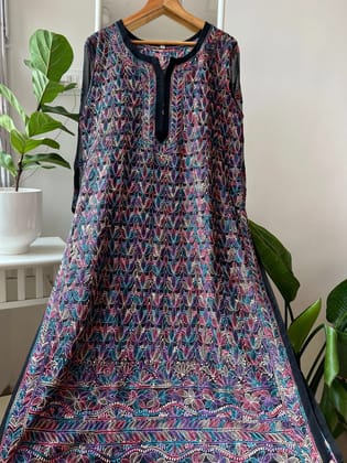 Chikankari Resham Full Jaal Kurti - Black Multi-Color-Black Multi-Color / Semi Georgette / XL