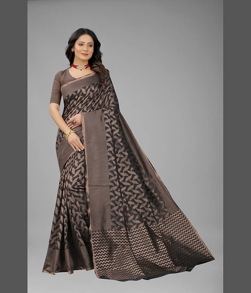 NENCY FASHION Banarasi Silk Self Design Saree With Unstitched Blouse Piece ( Black )