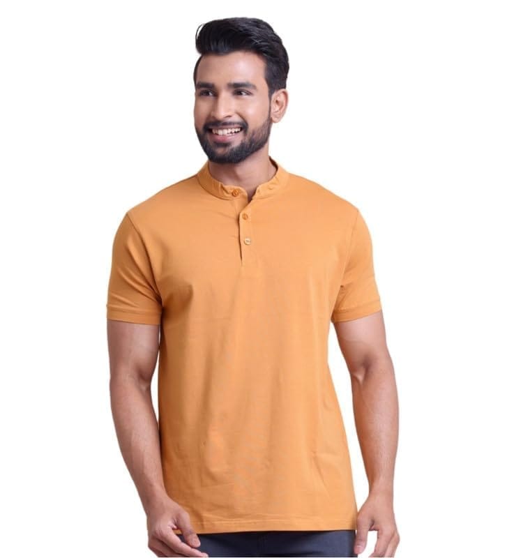 Men's Casual Cotton Solid Half Sleeve Mandarin Collar T-Shirt (Brown, L)-PID57329