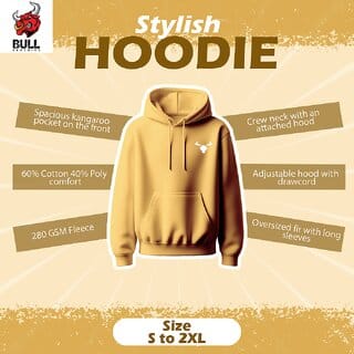 Bull Clothing Mens Side Logo Plain Oversized Cotton Mustard Yellow Hoodie  Premium Comfort  Streetwear Style (XXL)