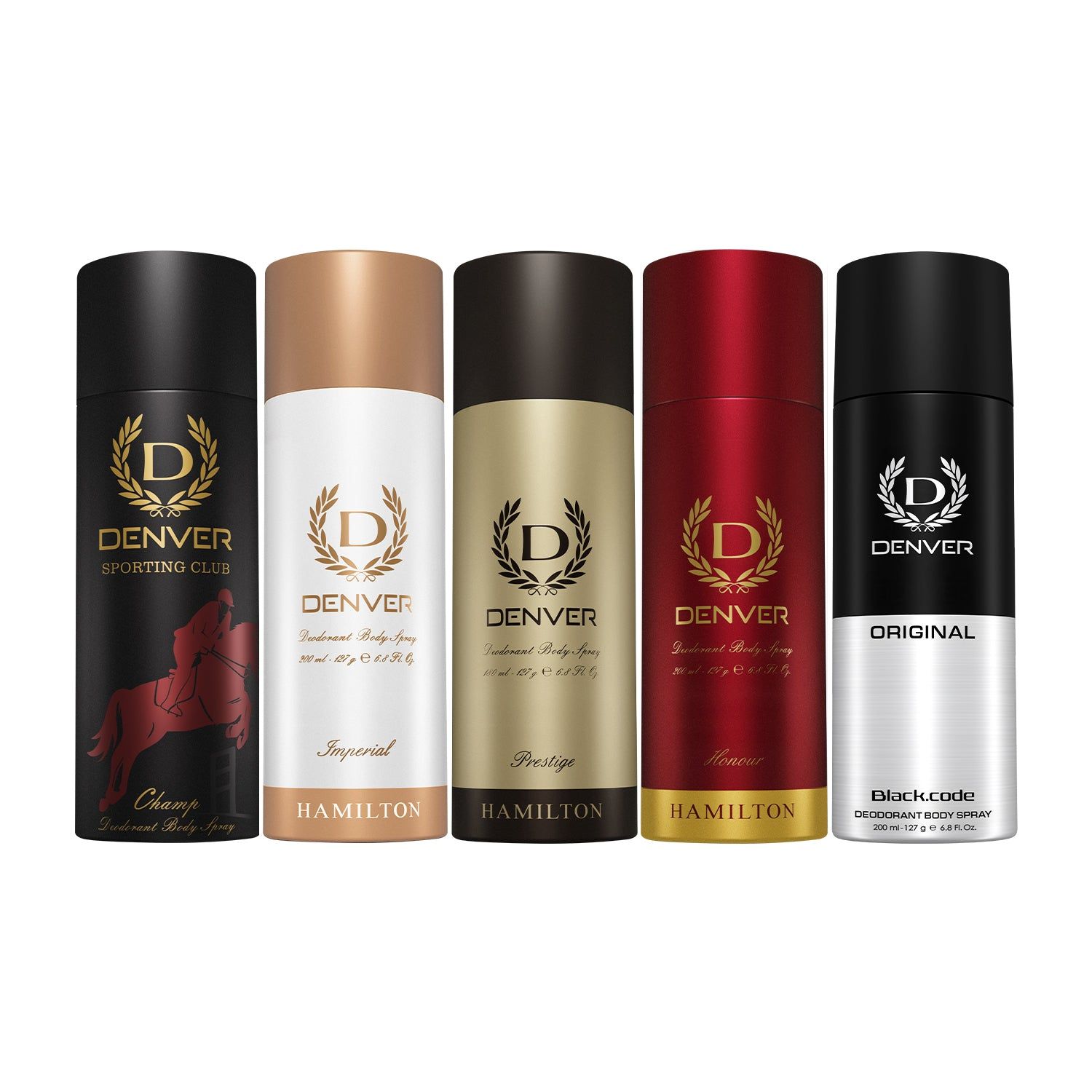Denver Pack of 5 Deos (Champ + Imperial + Prestige + Honour + Black Code Original) - 200ml Each