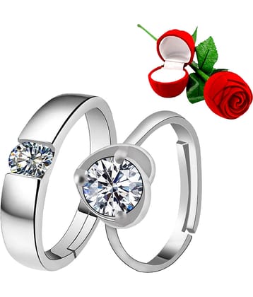 Silver Plated Adjustable Couple Rings Set for lovers Ring with 1 Piece Red Rose Gift Box  for Men and Women