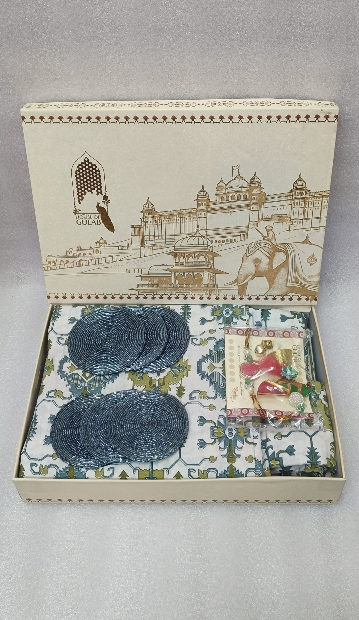 Rakhi Gift Box – Premium Super King Cotton Bedsheet, 2 Rakhi & 6 Beaded Coasters
