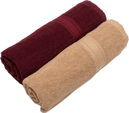 Furnofy Cotton 450 GSM Bath Towel Merun, Beige (Pack Of 2)