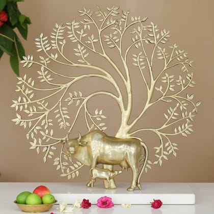 Brass Tree Wall Hanging with Cow - Traditional Village Scene Decor, Height : 44 Inch (BSMAS1650 E)