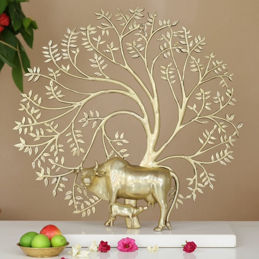 Brass Tree Wall Hanging with Cow - Traditional Village Scene Decor, Height : 44 Inch (BSMAS1650 E)