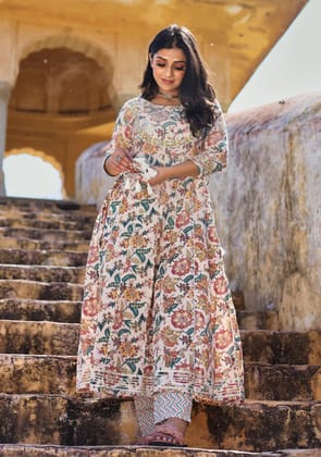 Off white Printed Anarkali Kurta Pant Set-XS