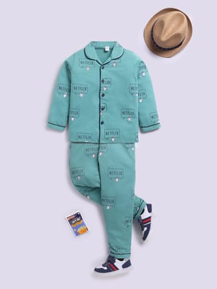 Green Netflix and Chill Full Sleeve Night Suit-6-7 y