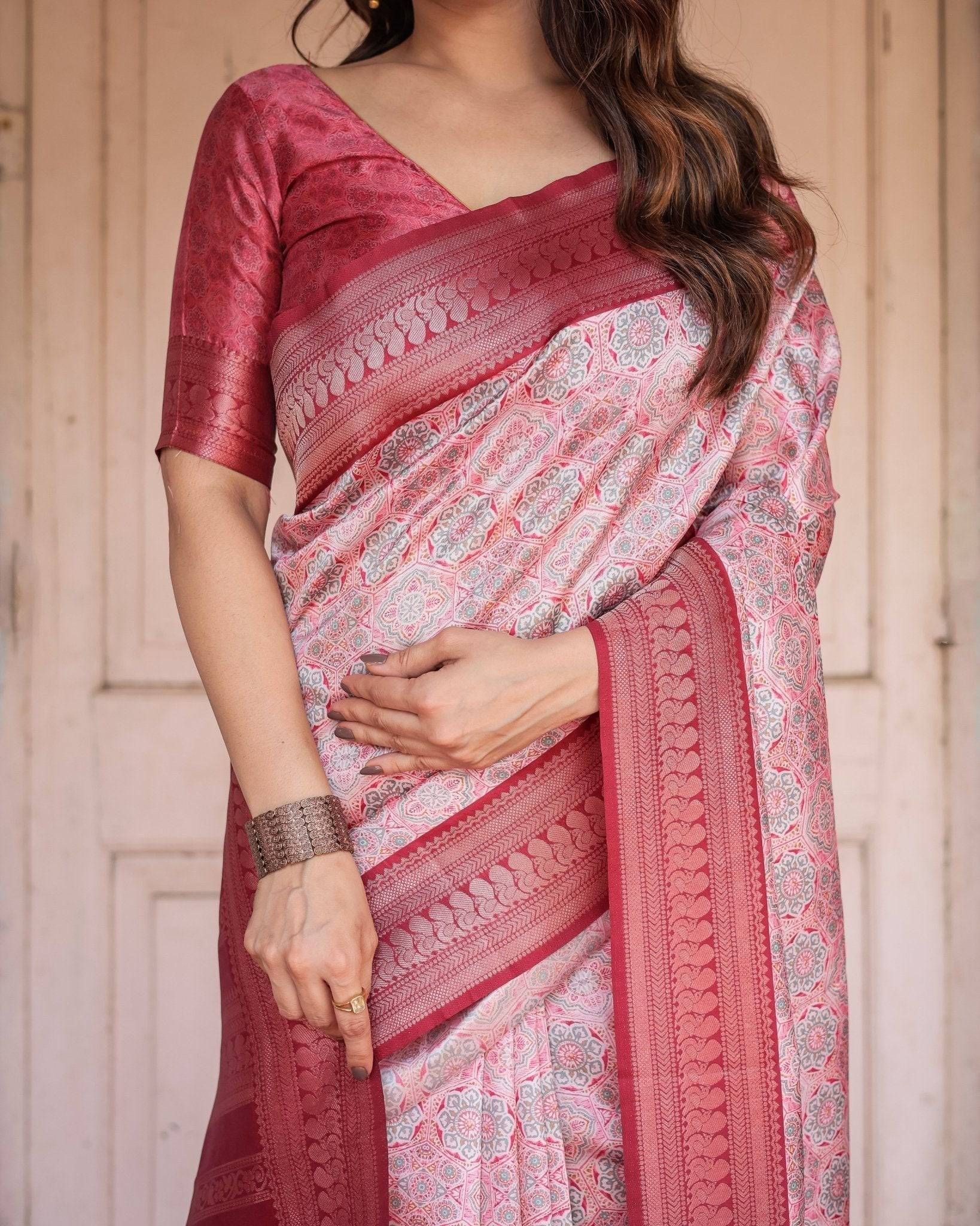 Crimson Red Banarasi Silk Saree with Geometric Digital Print & Zari Border-Regular