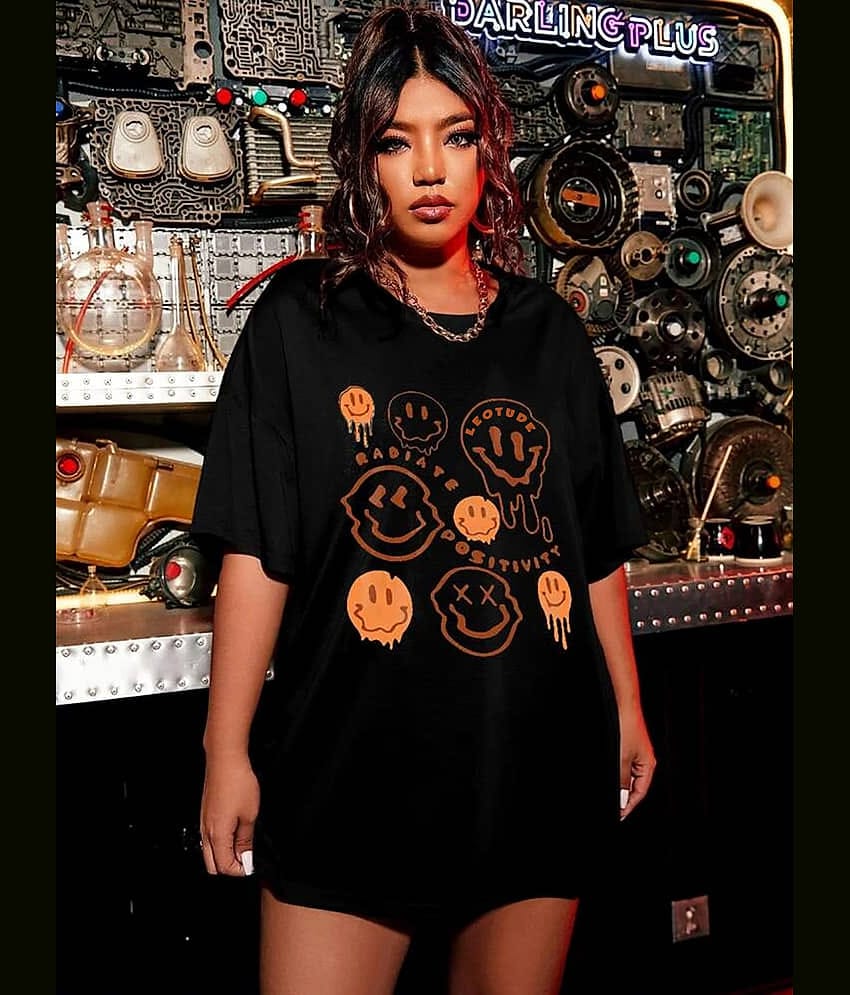 Leotude Women Cotton Blend Printed Oversized Fit Round Neck T-Shirt ( Black )