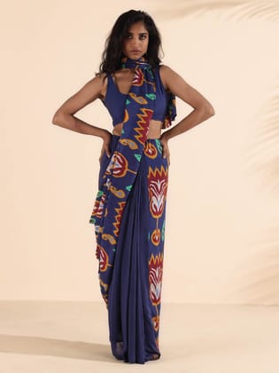 trueBrowns Purple Muslin Ikat Saree - Purple (Free Size)