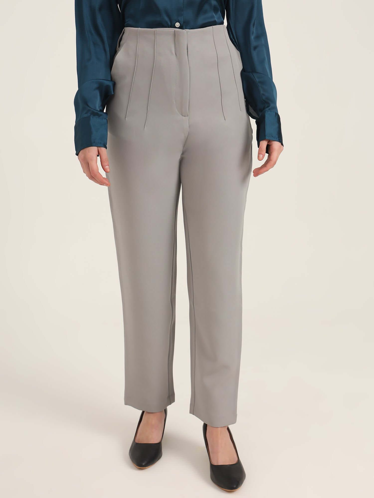 Women'S Luxury Banana Crepe Carbon Skin Fit With Multi Pleated Trouser-36