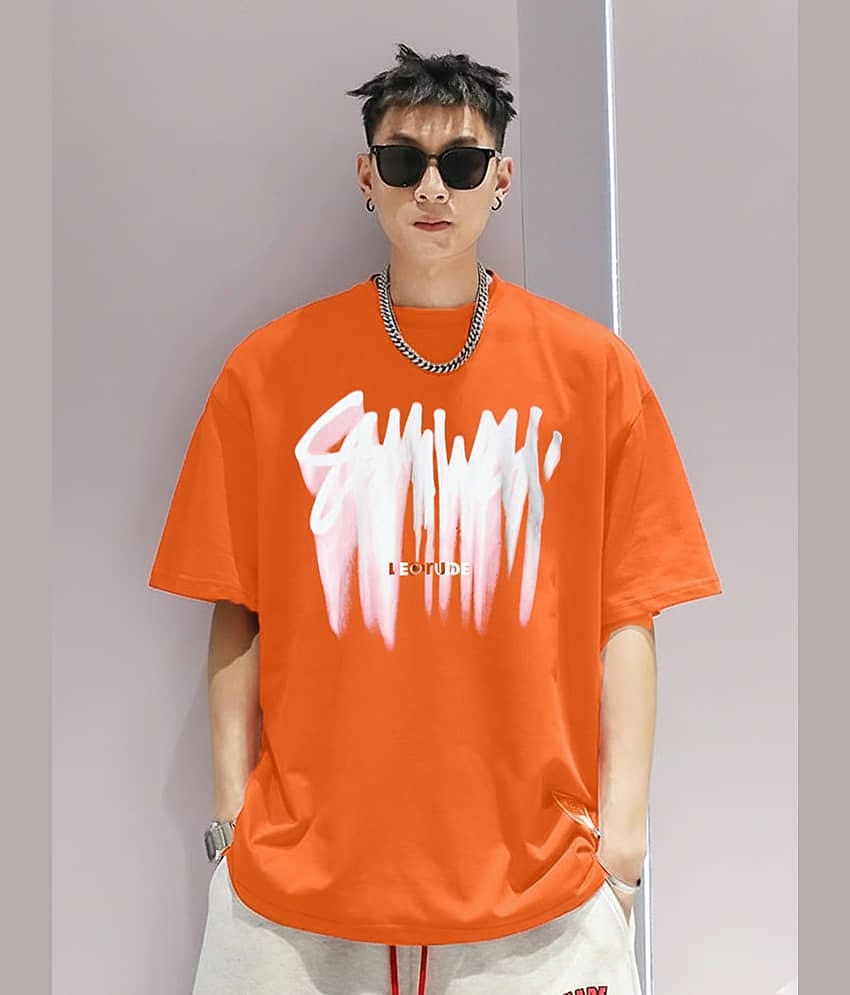 Leotude Men Cotton Blend Oversized Fit Printed T-Shirt ( Orange )
