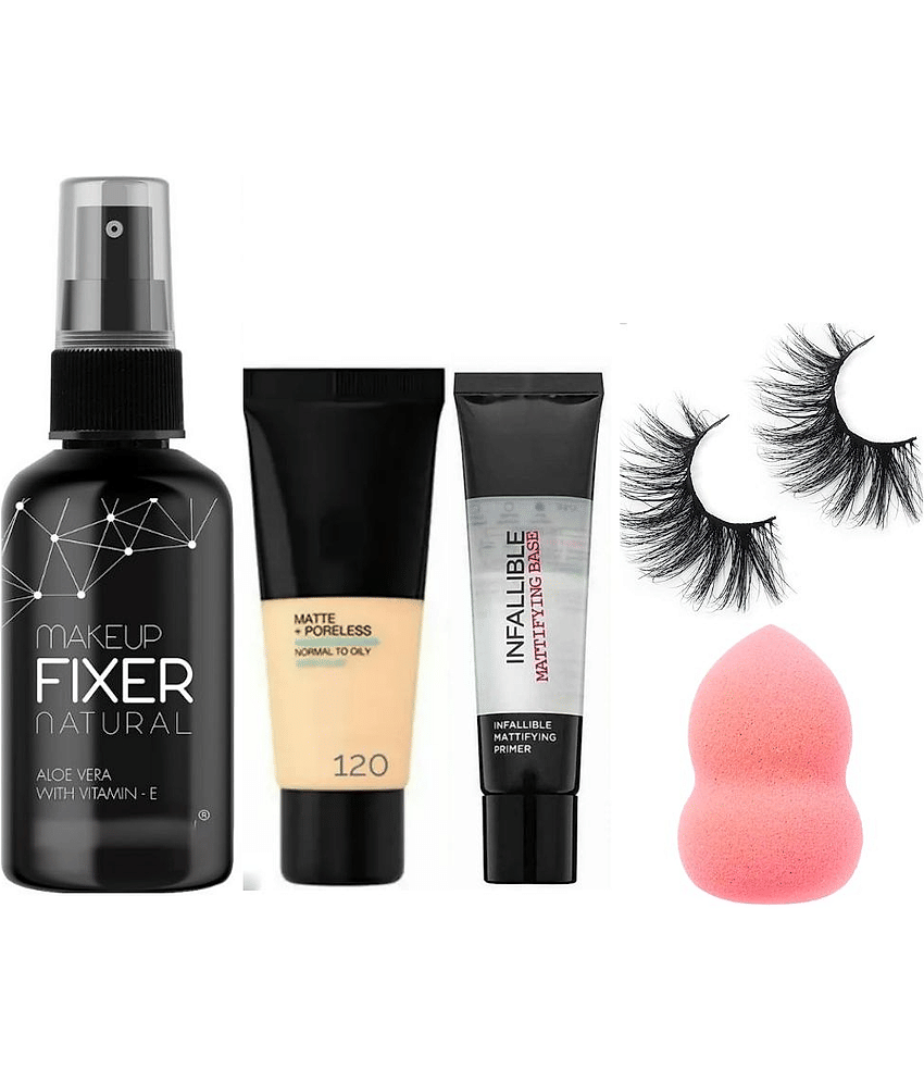 swenky makeup fixer primer foundation beauty blender puff & false eyelash (Pack of 5)