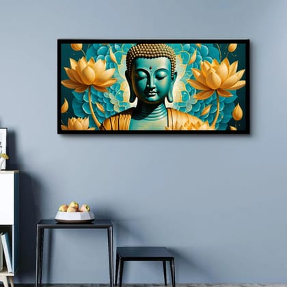 Luminary Invoking Tranquility – Zen Stream Buddha Museum-Quality Cotton Canvas Handprint for Dining Room Décor | Frame Size (127 X 69 Cm) | Frame Type (Black) | 5-Year Warranty