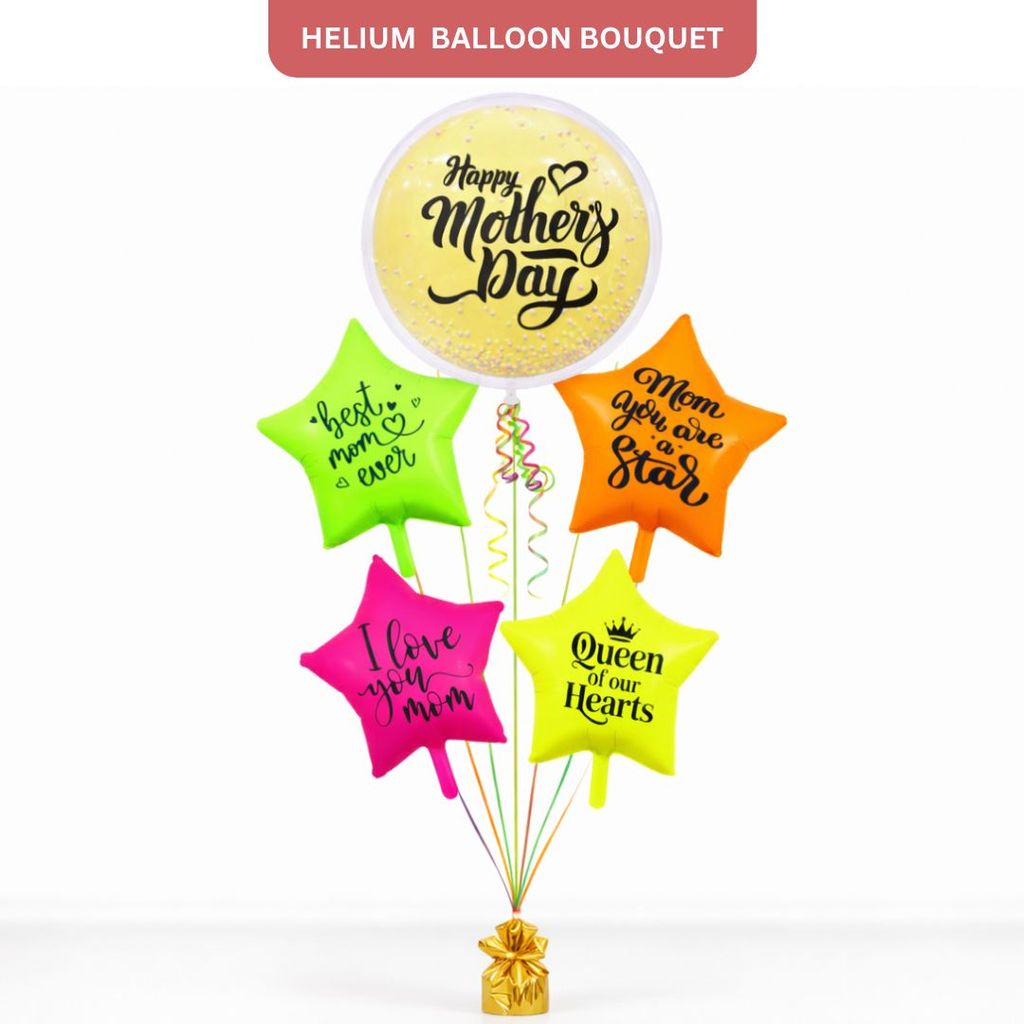 Happy Mother's Day Round Large Helium Fillled Ballon Bouquet Arrnagement with special messages printed on UV/Neon Star Ballloons - Party and Festive Needs | Buy online on ZillyBuy