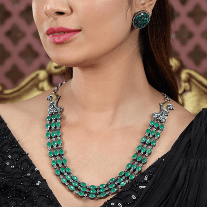 Silver-Toned Green Brass Oxidised Necklace
