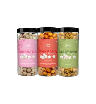 Vishnu Delight Organic Makhana Combo Pack - 3 of 90g Each flavor - Himalayan Salt N Pepper, Tangy Tomato, Mint Masti - Crunchy, Deliciously, and Full of Flavorful Indian Spices Snacks