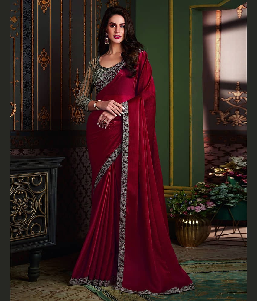 Samah Satin Solid Saree With Unstitched Blouse Piece ( Red )
