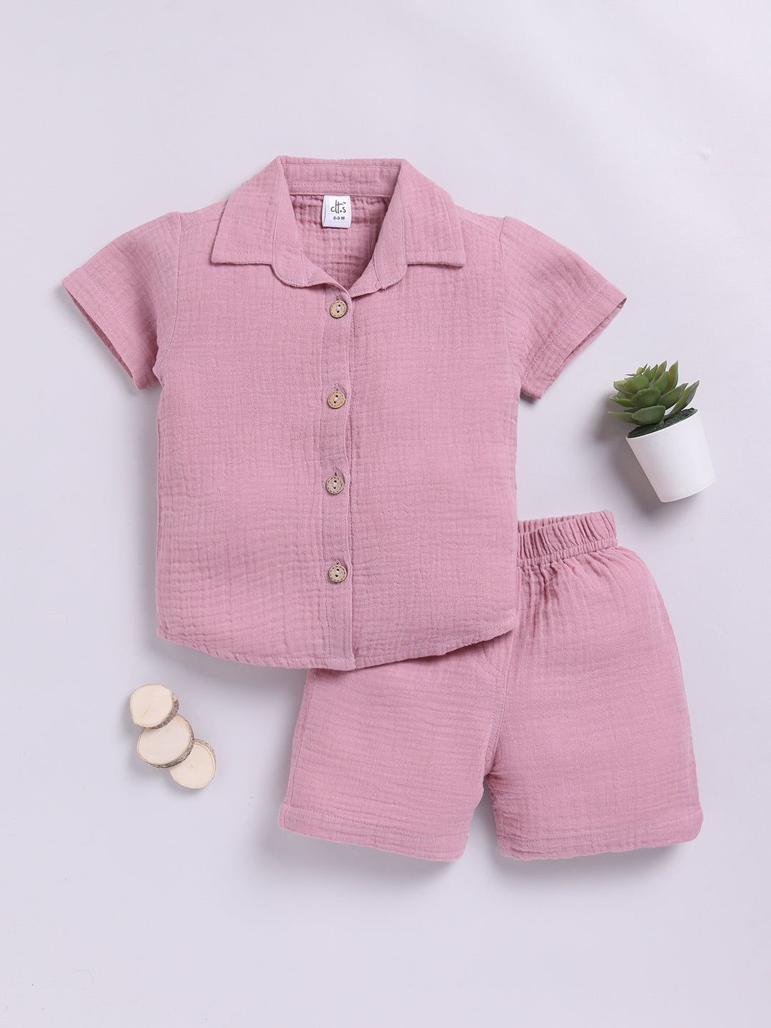 Mauve Solid Short Sleeves Co-ord Set-6-9 m