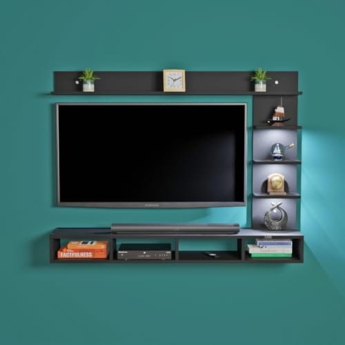 DAS Ambience LED Light Installed Wall Mount Engineered Wood TV Entertainment Unit/Tv Rack Set to Box Stand with Wall Shelves for Living Room Black Finish (Ideal for up to 43") Screen