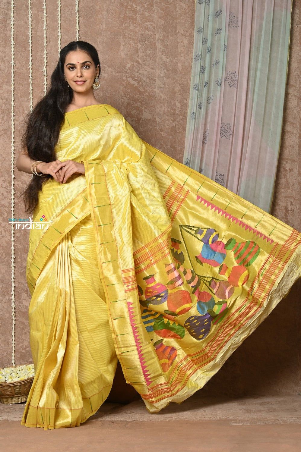 Tyohaar ~ Signature Weave! Handloom Pure Silk Paithani Saree with Traditional Matka Pallu ~ Beige Yellow